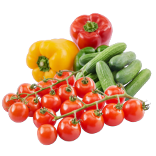 Cherrytomaat aan tros tasje à 375 gram,
snackkomkommers schaal à 600 gram
of paprikamix zak à 700 gram